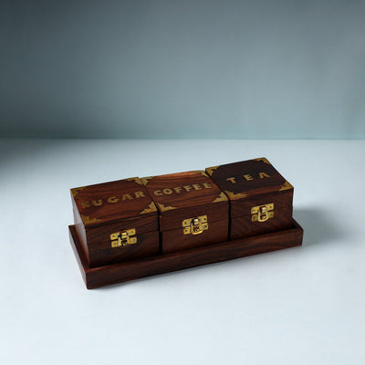 Handcrafted Sahasam Brown Wooden Tea Sugar Coffee Containers with Tray