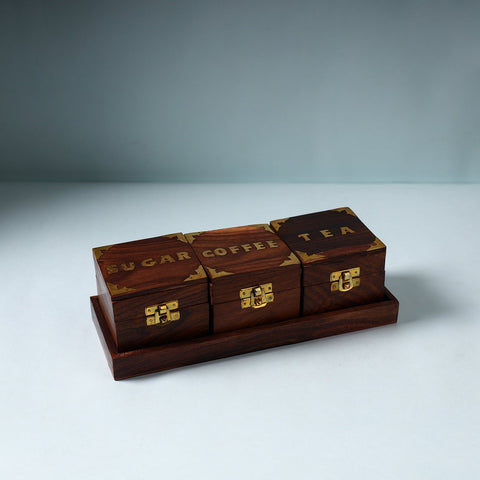 Handcrafted Sahasam Brown Wooden Tea Sugar Coffee Containers with Tray