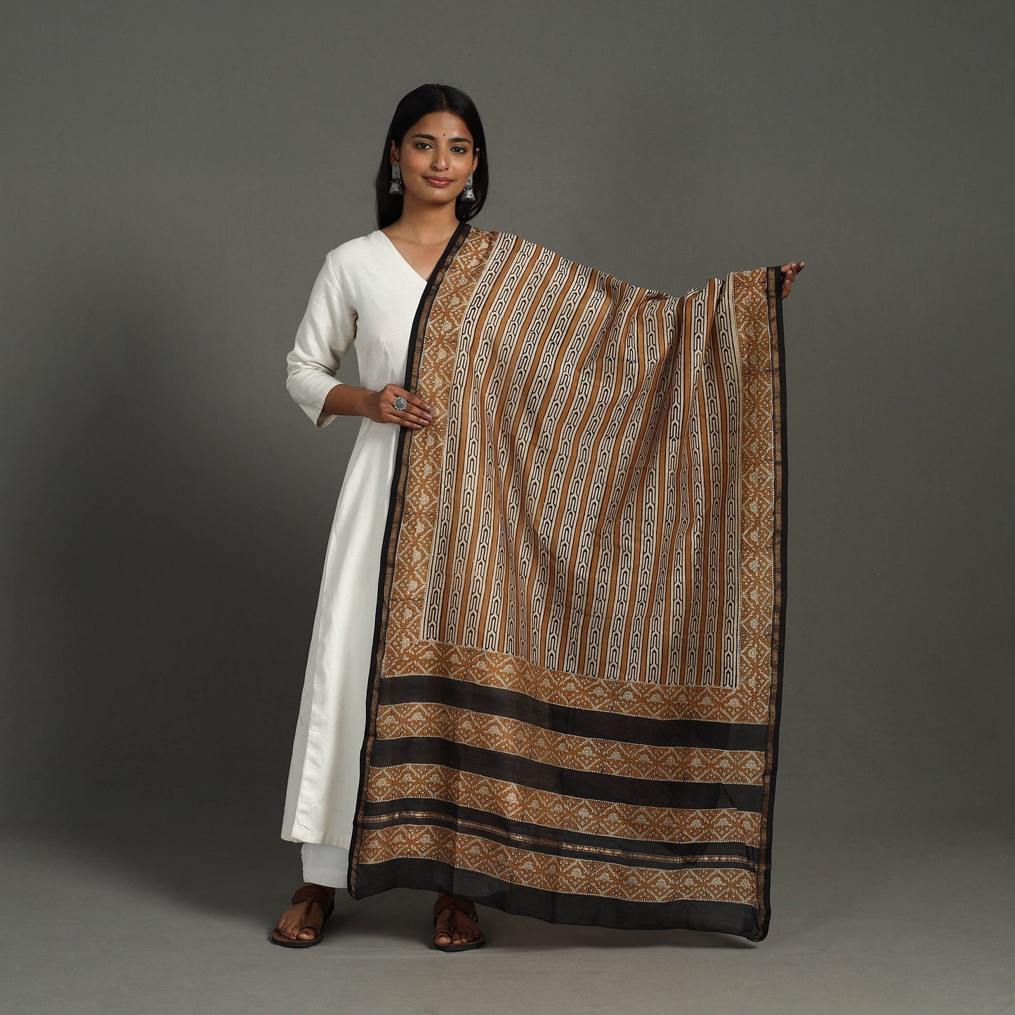Brown - handloom chanderi silk bagru dupatta 25