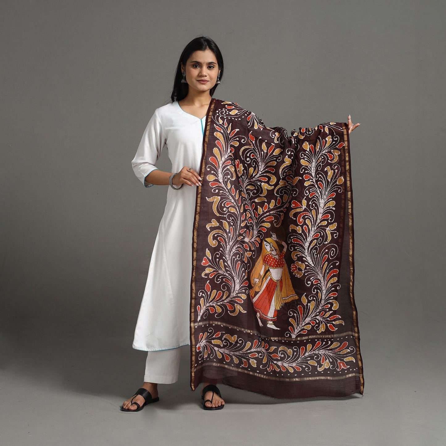 Brown - Handloom Chanderi Silk Hand Batik Printed Dupatta 05