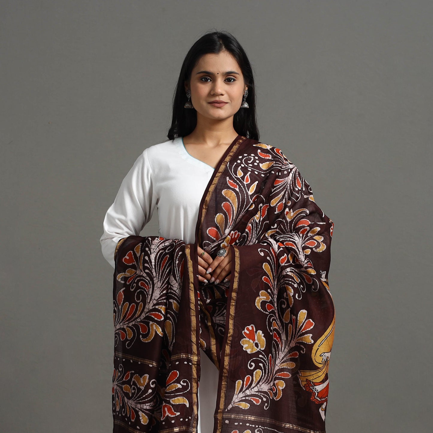 Brown - Handloom Chanderi Silk Hand Batik Printed Dupatta 05