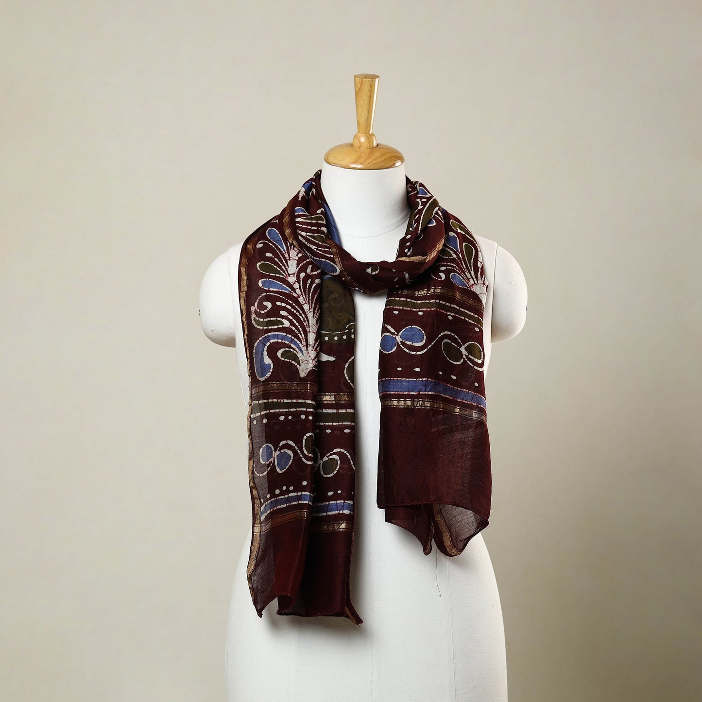 Brown - handloom chanderi silk hand batik stole 09