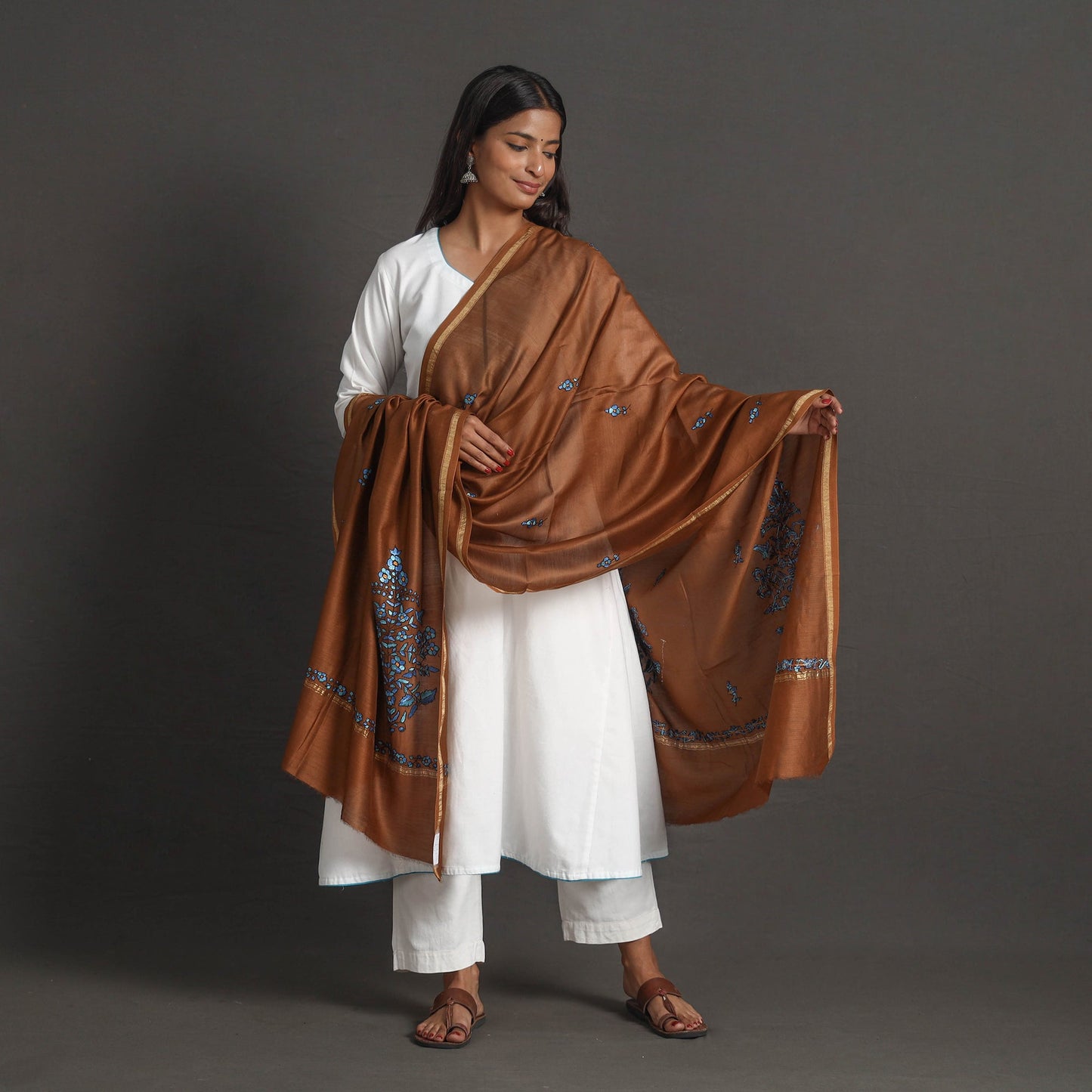 Brown - handloom chanderi silk kashida embroidery dupatta