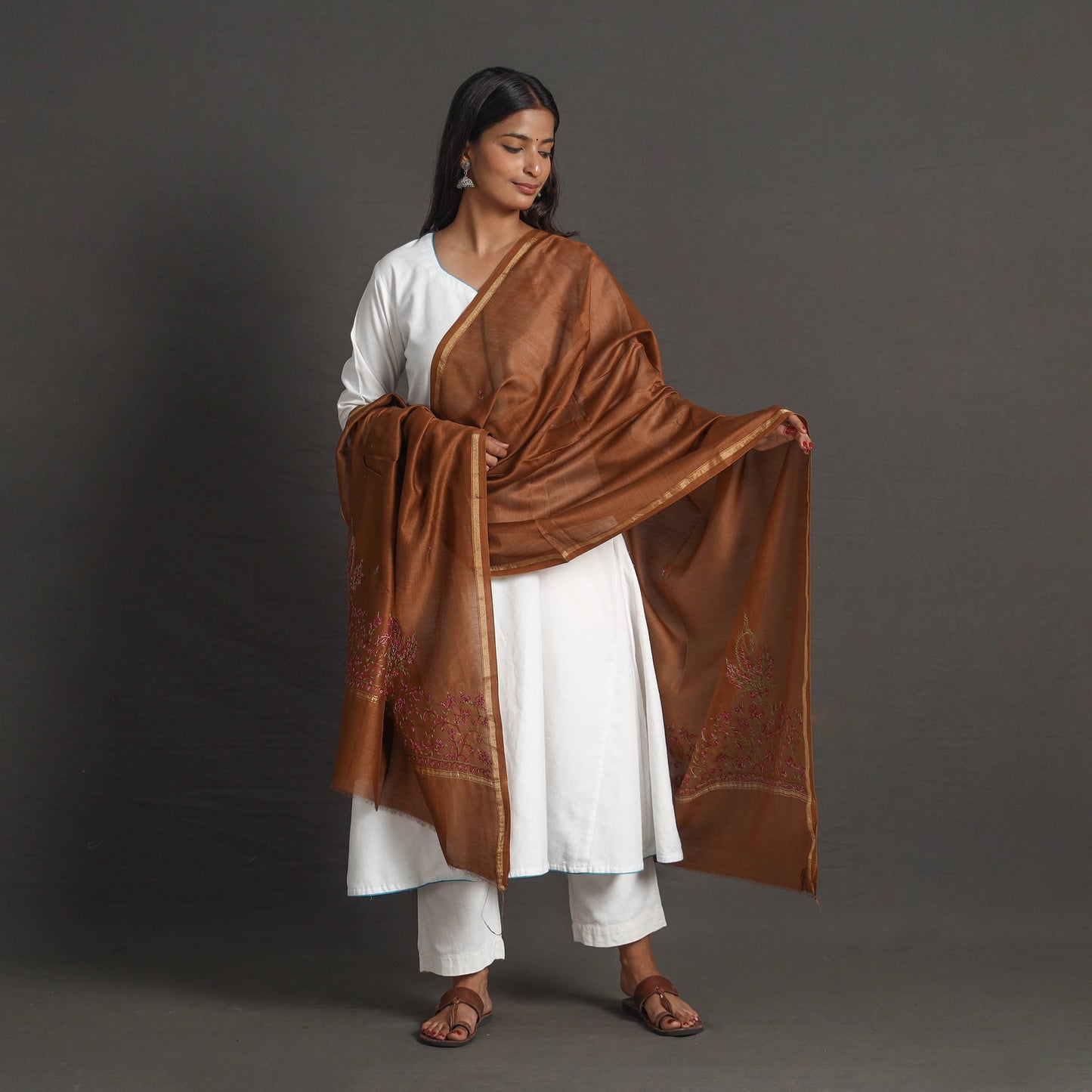 Brown - handloom chanderi silk kashida embroidery dupatta
