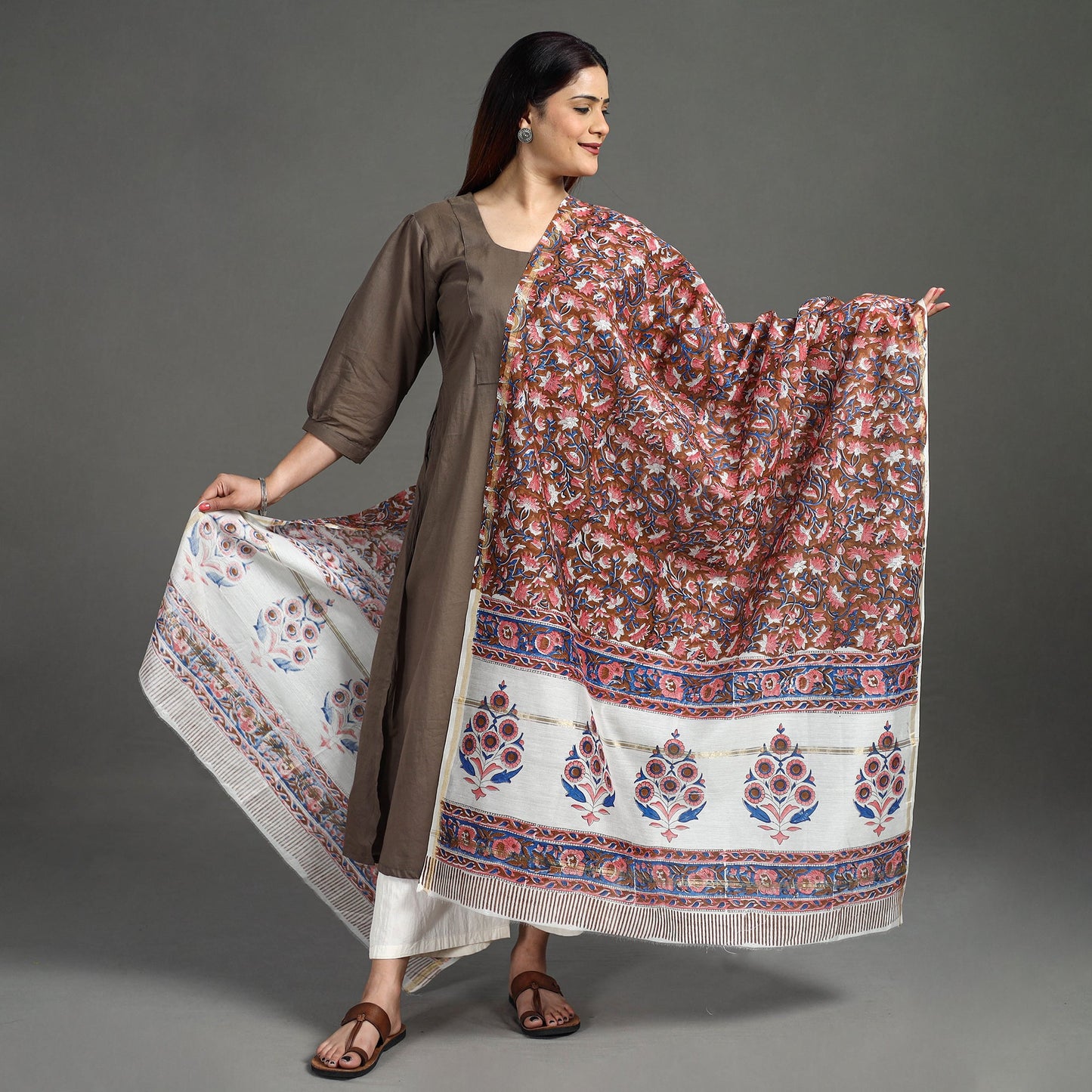  Handloom Chanderi Silk Sanganeri Print Dupatta