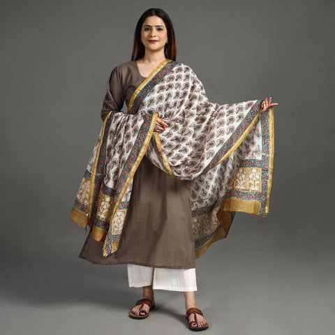 Buy Handloom Chanderi Silk Sanganeri Print Dupatta