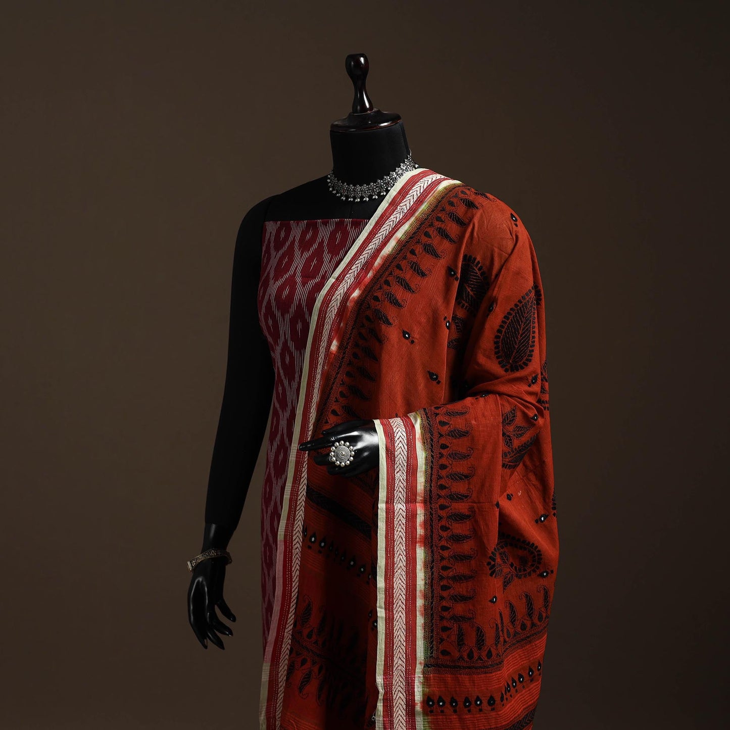 Brown - handloom cotton bengal hand kantha work dupatta 08