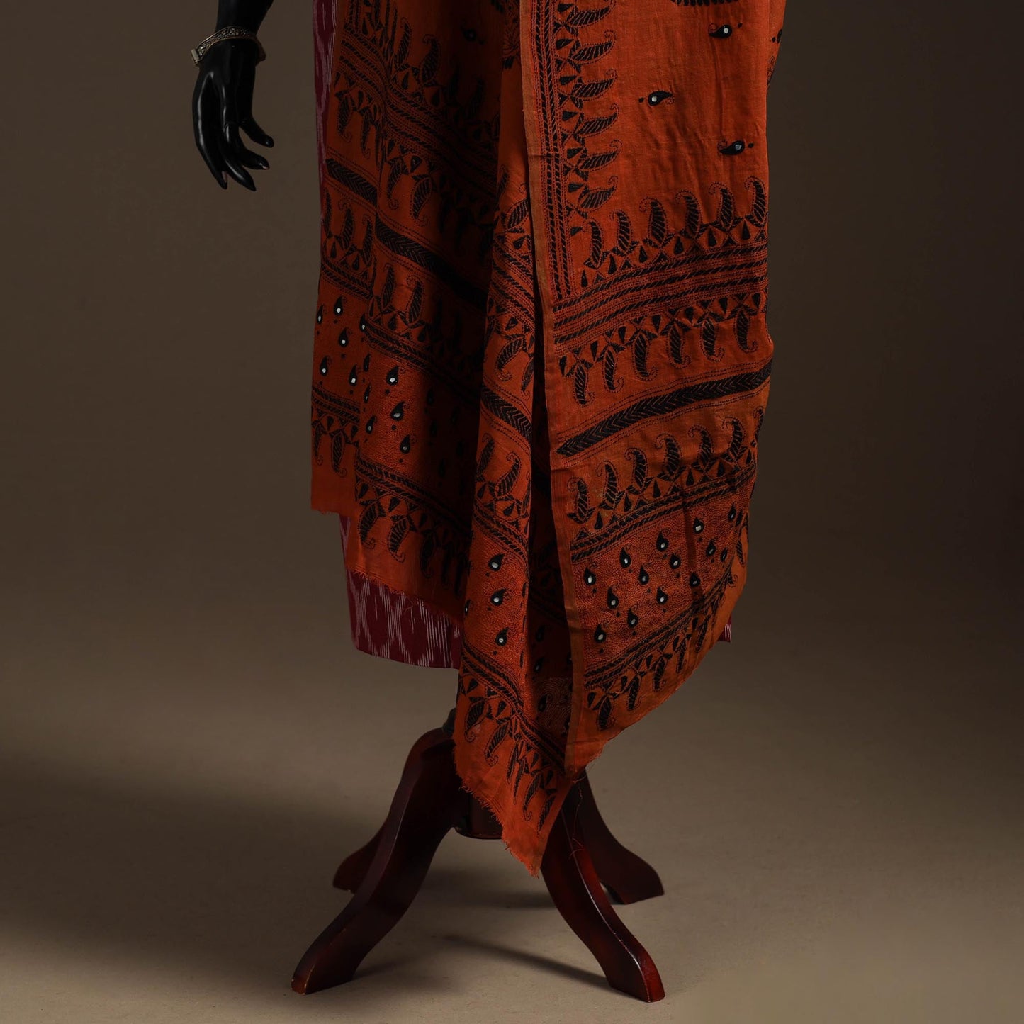 Brown - handloom cotton bengal hand kantha work dupatta 09