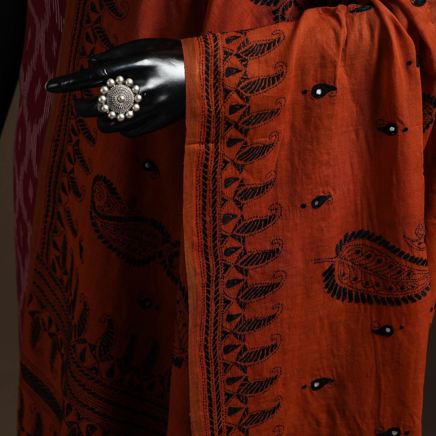 Brown - handloom cotton bengal hand kantha work dupatta 09