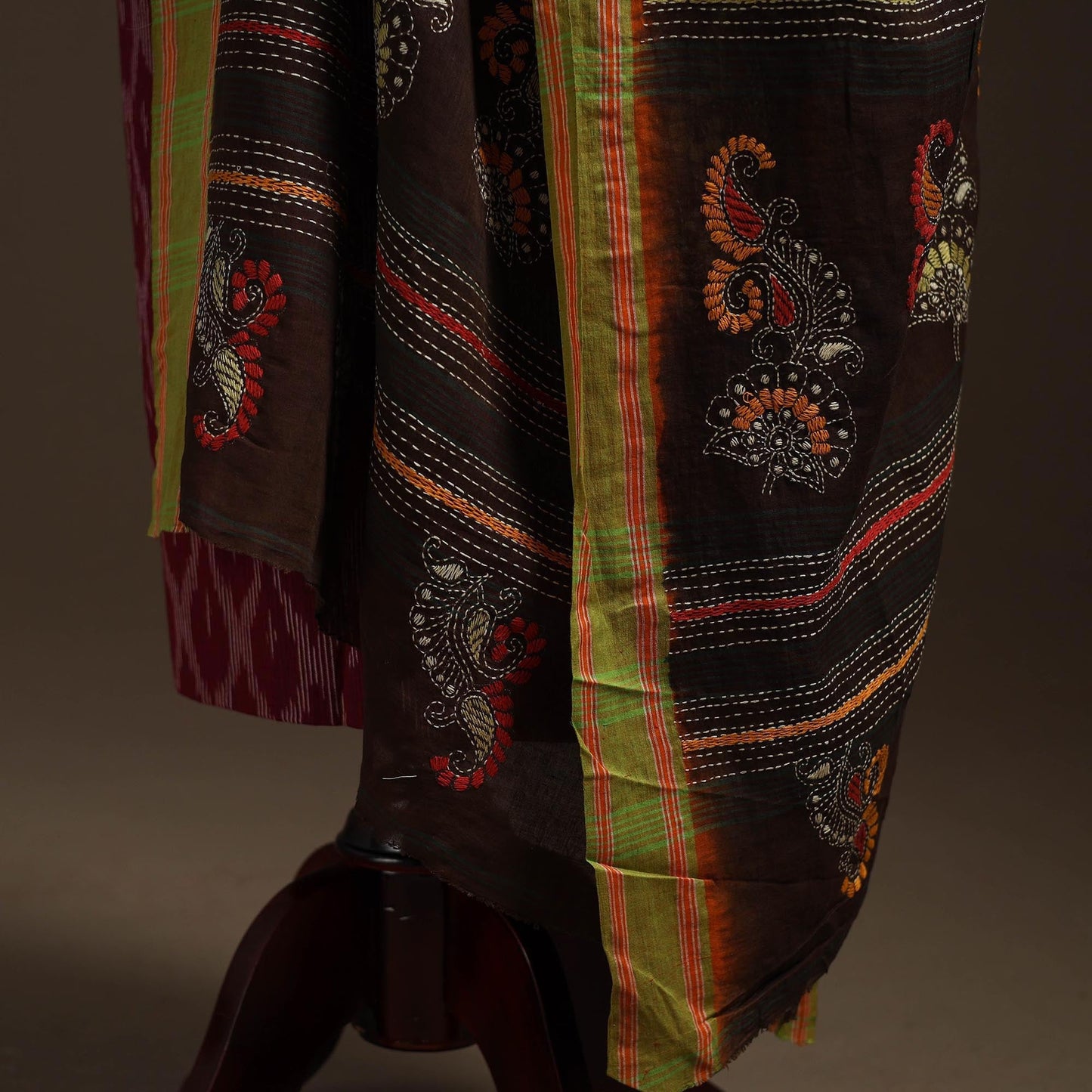 Brown - handloom cotton bengal hand kantha work dupatta 16