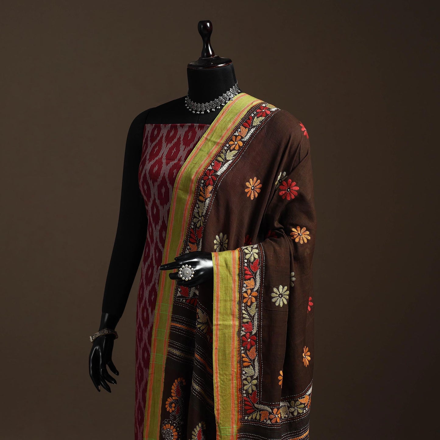 Brown - handloom cotton bengal hand kantha work dupatta 16