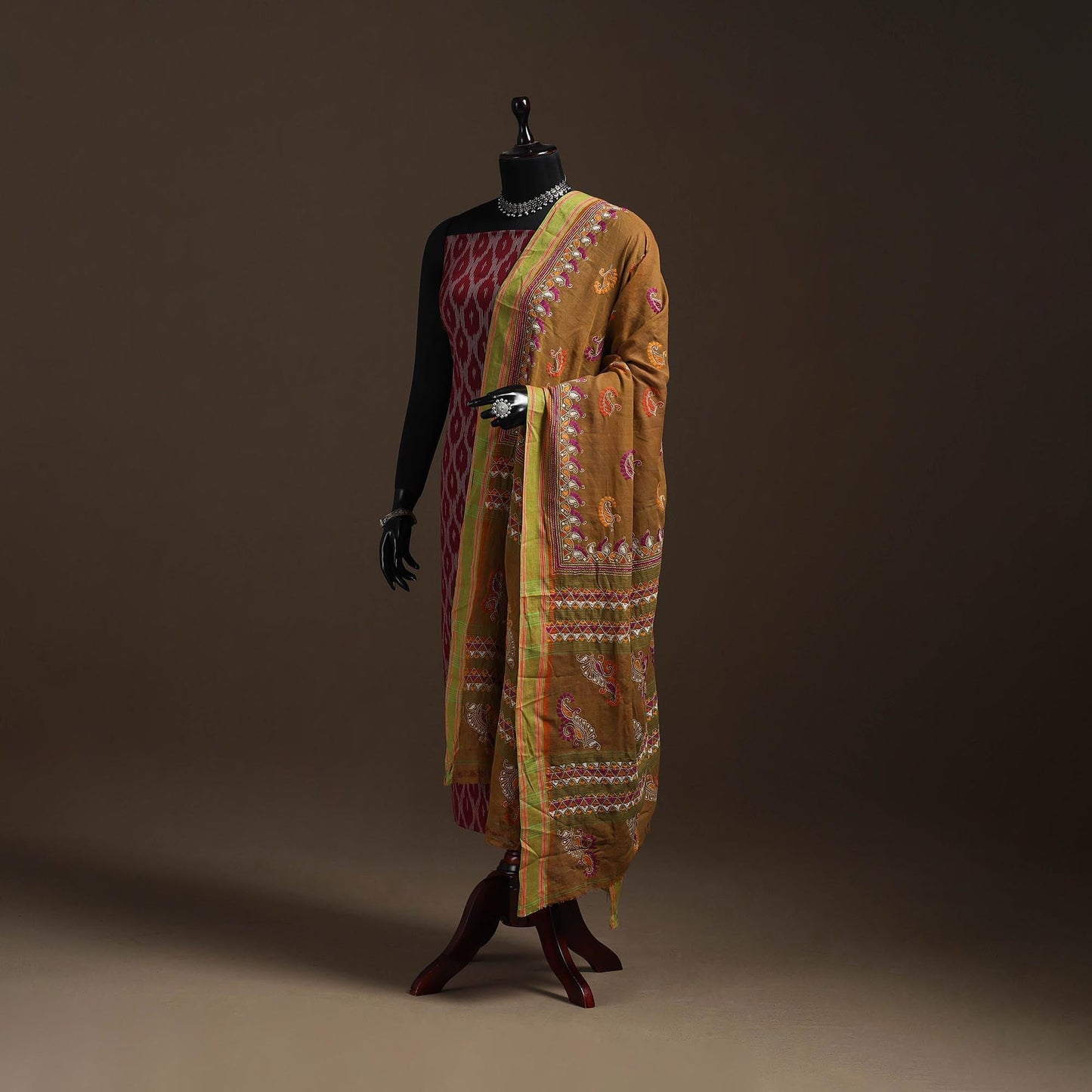 Brown - handloom cotton bengal hand kantha work dupatta 31