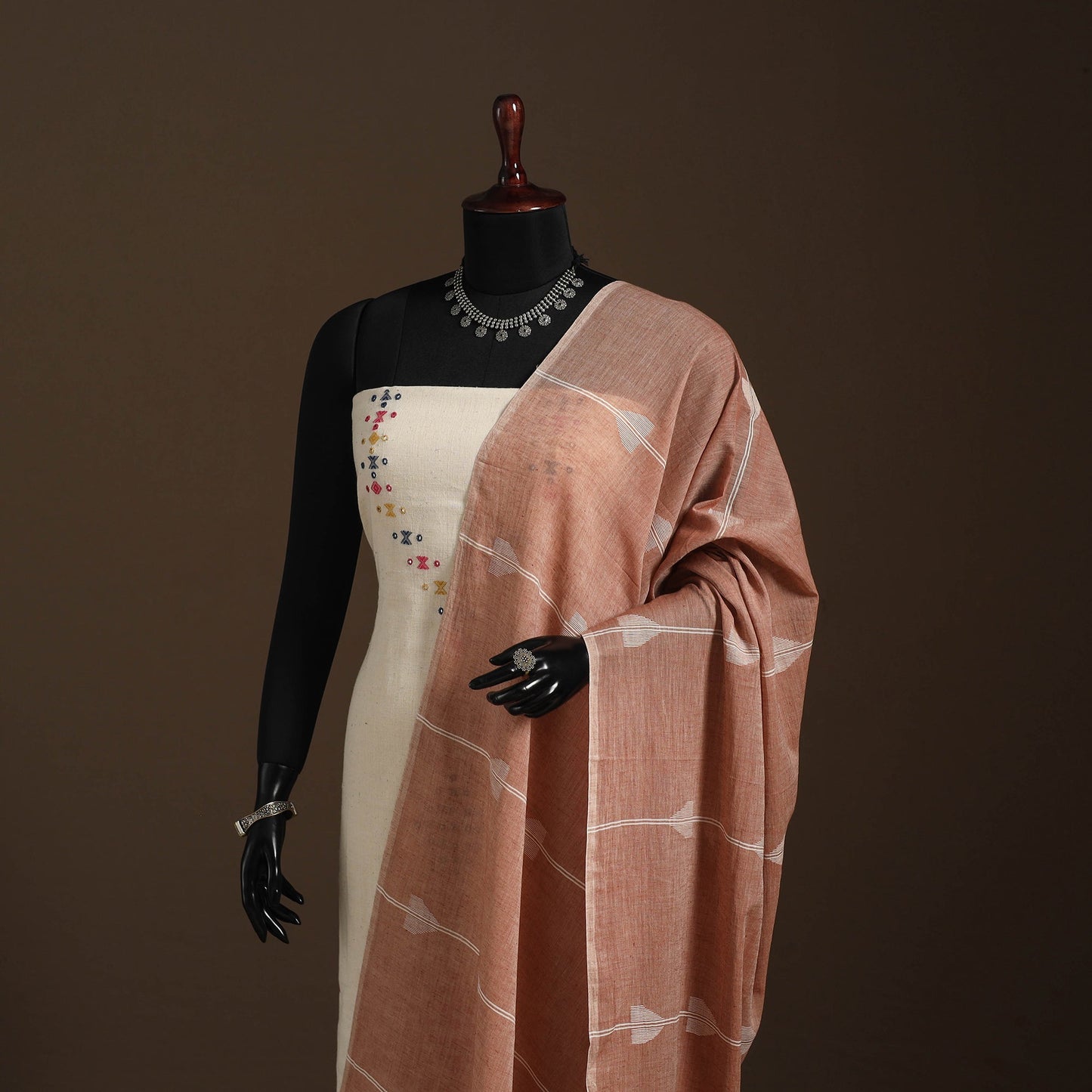 Brown Handloom Cotton Burdwan Jamdani Dupatta