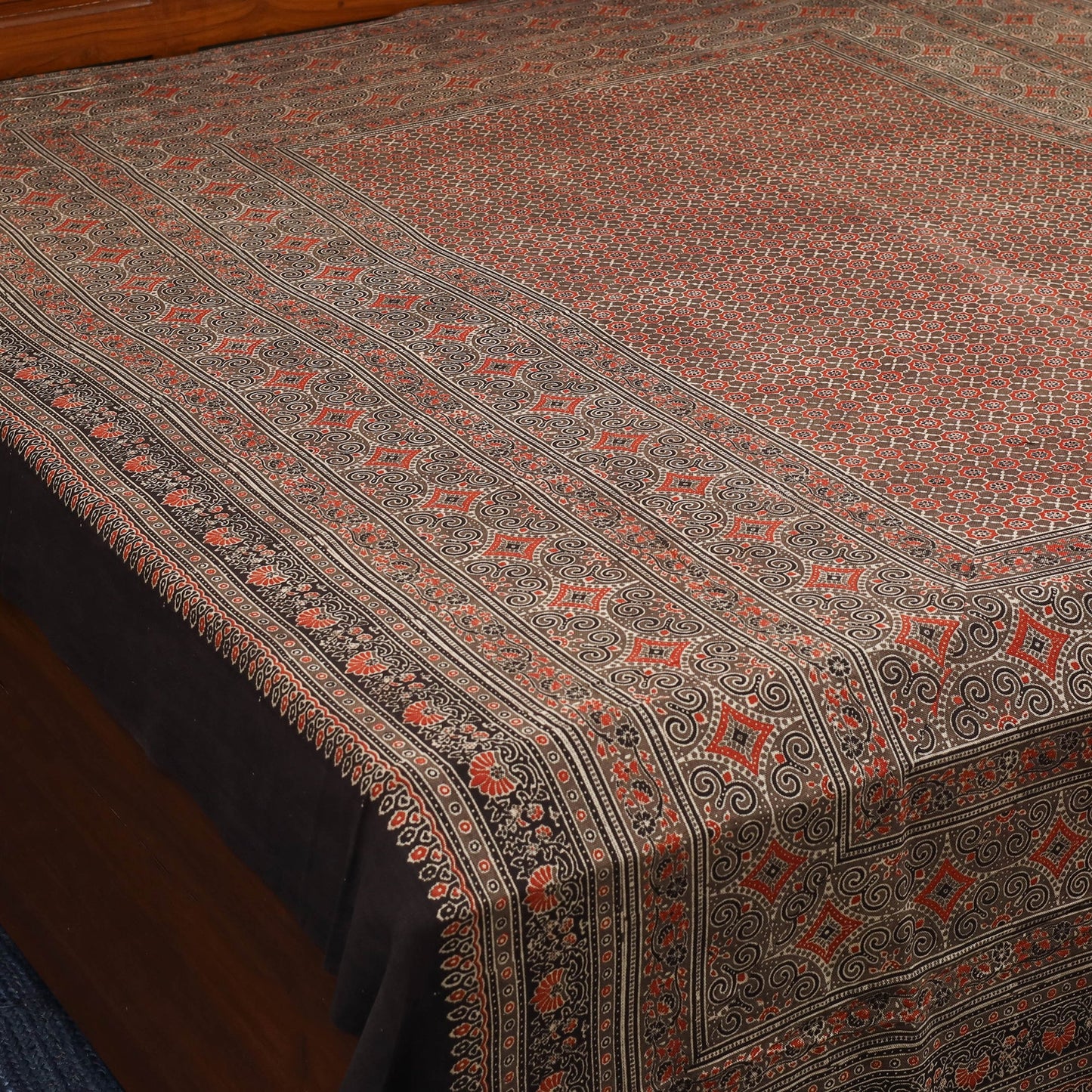 Brown Handloom Cotton Block Print Double Ajrakh Bed Sheet