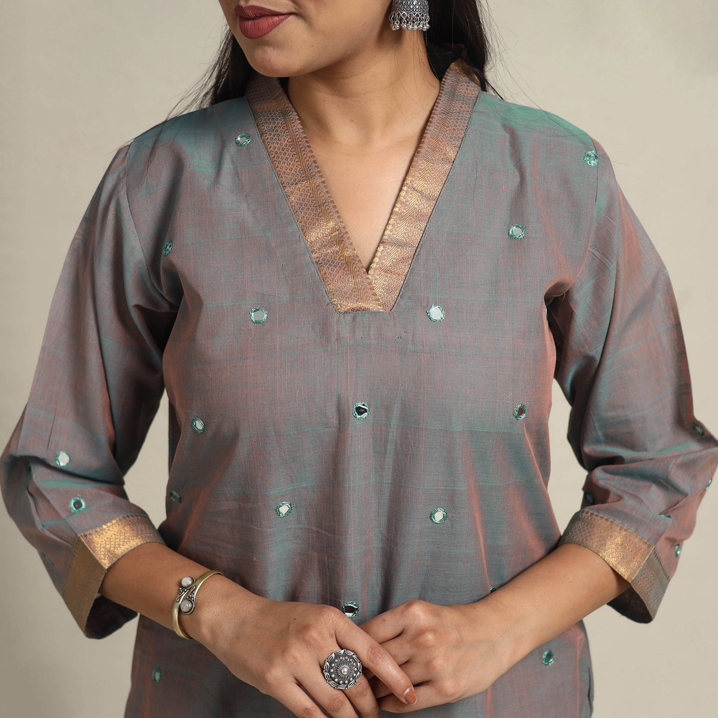 Handloom Cotton Mirror Work Brown Straight Mangalagiri Kurta for Women