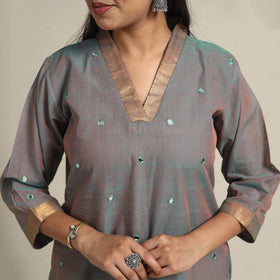 Handloom Cotton Mirror Work Brown Straight Mangalagiri Kurta for Women