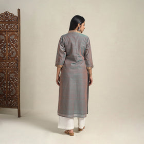 Handloom Cotton Mirror Work Brown Straight Mangalagiri Kurta for Women