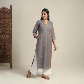 Handloom Cotton Mirror Work Brown Straight Mangalagiri Kurta for Women