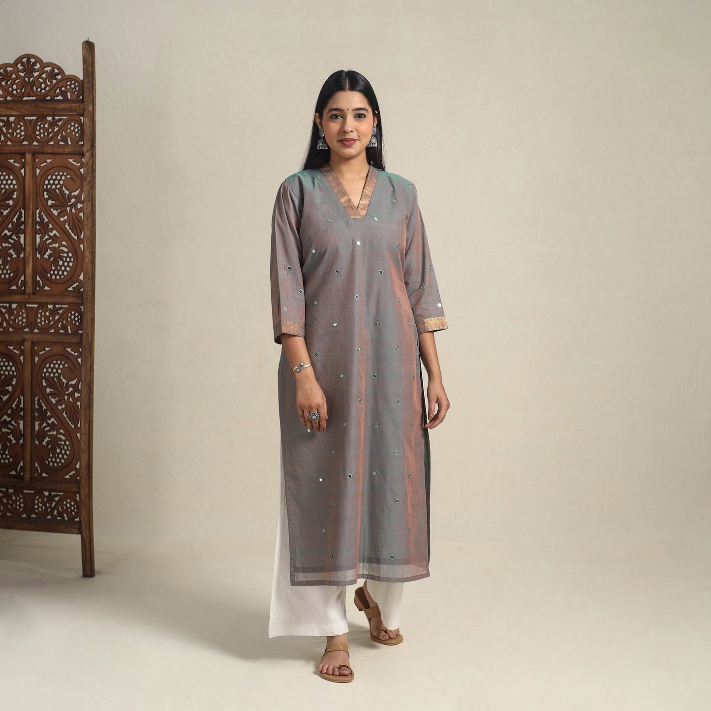Handloom Cotton Mirror Work Brown Straight Mangalagiri Kurta for Women