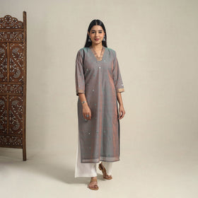 Handloom Cotton Mirror Work Brown Straight Mangalagiri Kurta for Women