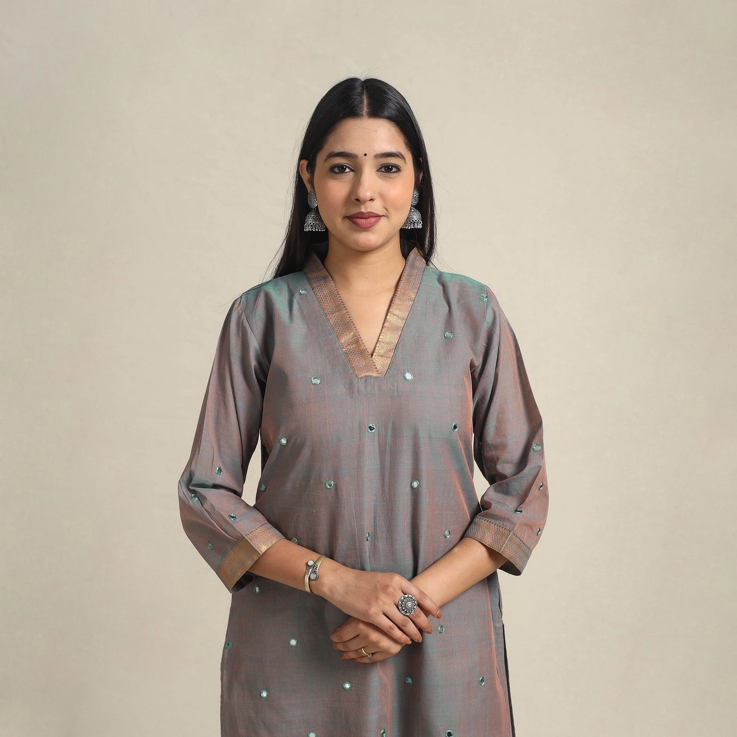 Handloom Cotton Mirror Work Brown Straight Mangalagiri Kurta for Women