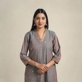 Handloom Cotton Mirror Work Brown Straight Mangalagiri Kurta for Women