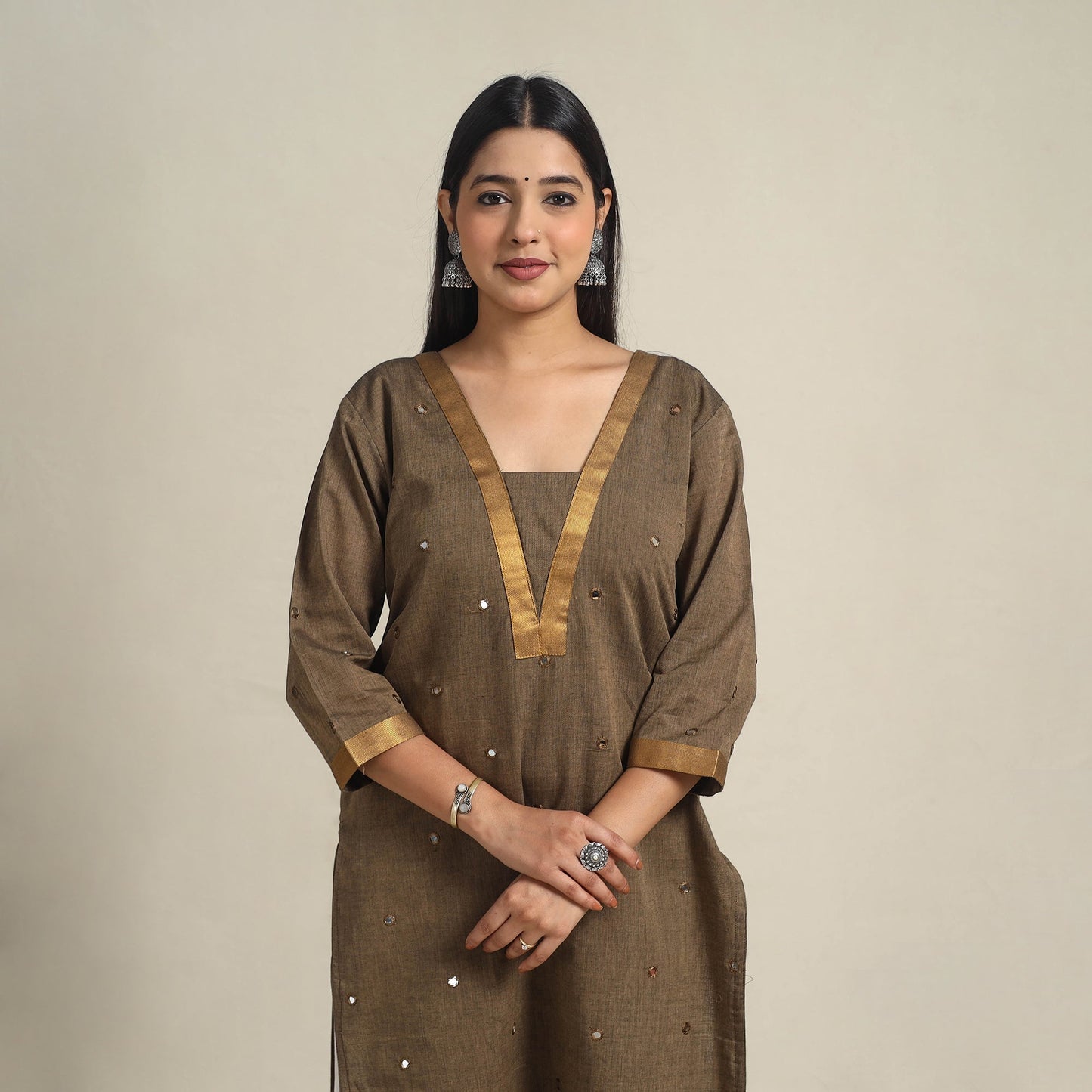Handloom Cotton Mirror Work Brown Straight Mangalagiri Kurta for Women