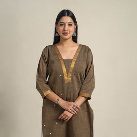 Handloom Cotton Mirror Work Brown Straight Mangalagiri Kurta for Women