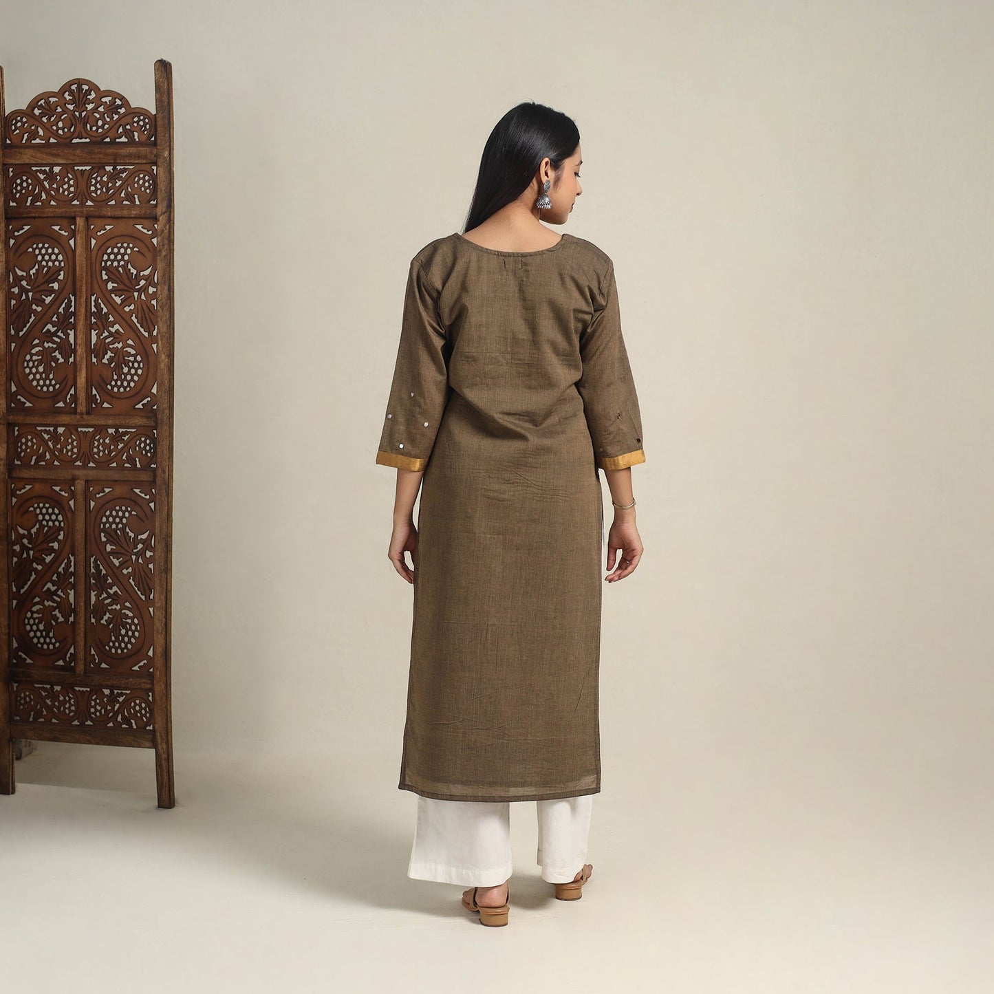 Handloom Cotton Mirror Work Brown Straight Mangalagiri Kurta for Women
