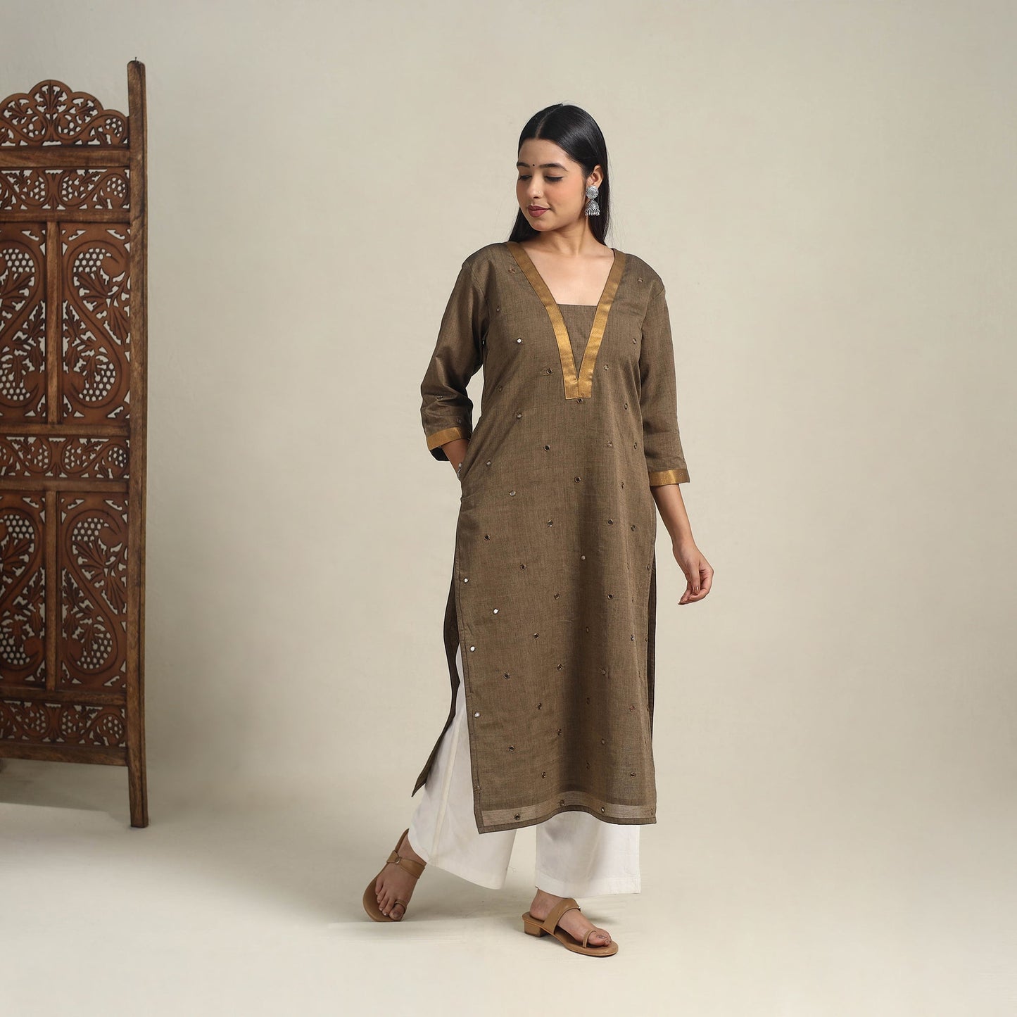 Handloom Cotton Mirror Work Brown Straight Mangalagiri Kurta for Women
