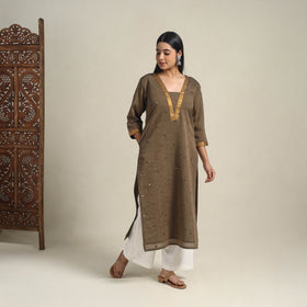 Handloom Cotton Mirror Work Brown Straight Mangalagiri Kurta for Women