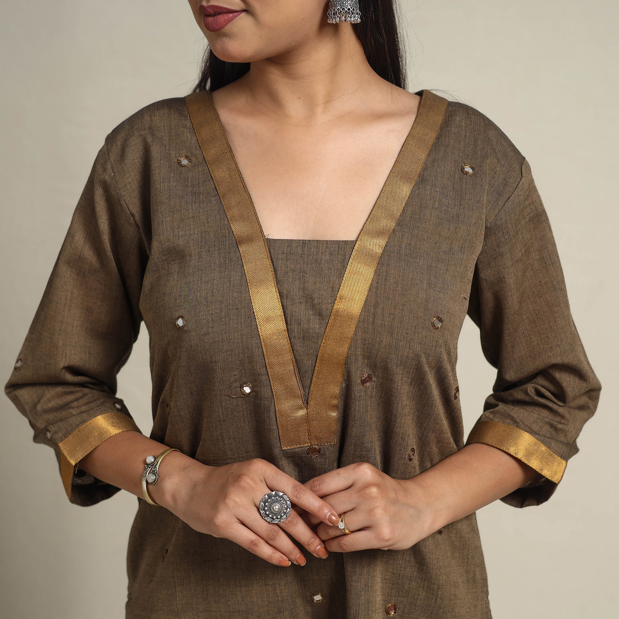 Handloom Cotton Mirror Work Brown Straight Mangalagiri Kurta for Women Handloom Cotton Mirror Work Brown Straight Mangalagiri Kurta for Women