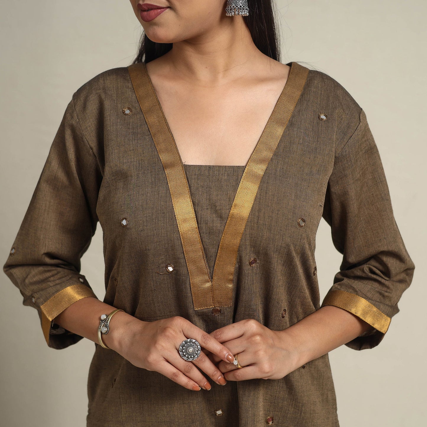 Handloom Cotton Mirror Work Brown Straight Mangalagiri Kurta for Women