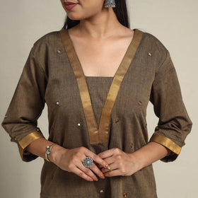 Handloom Cotton Mirror Work Brown Straight Mangalagiri Kurta for Women