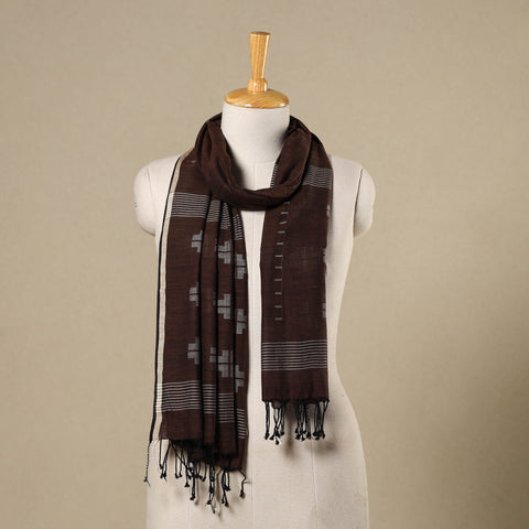 Brown - handloom cotton phulia jamdani stole with tassels