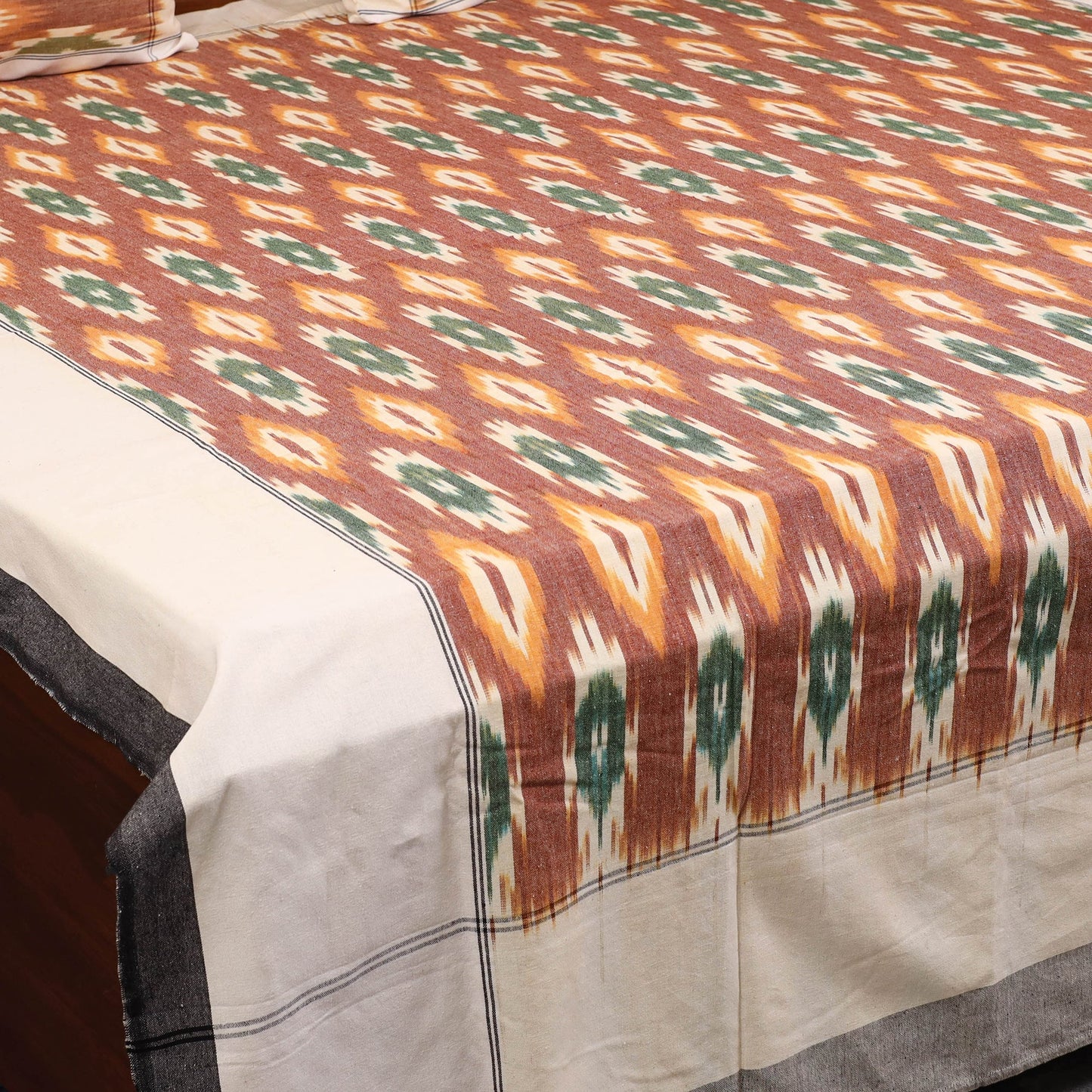 Brown - handloom cotton pochampally ikat double bedsheet