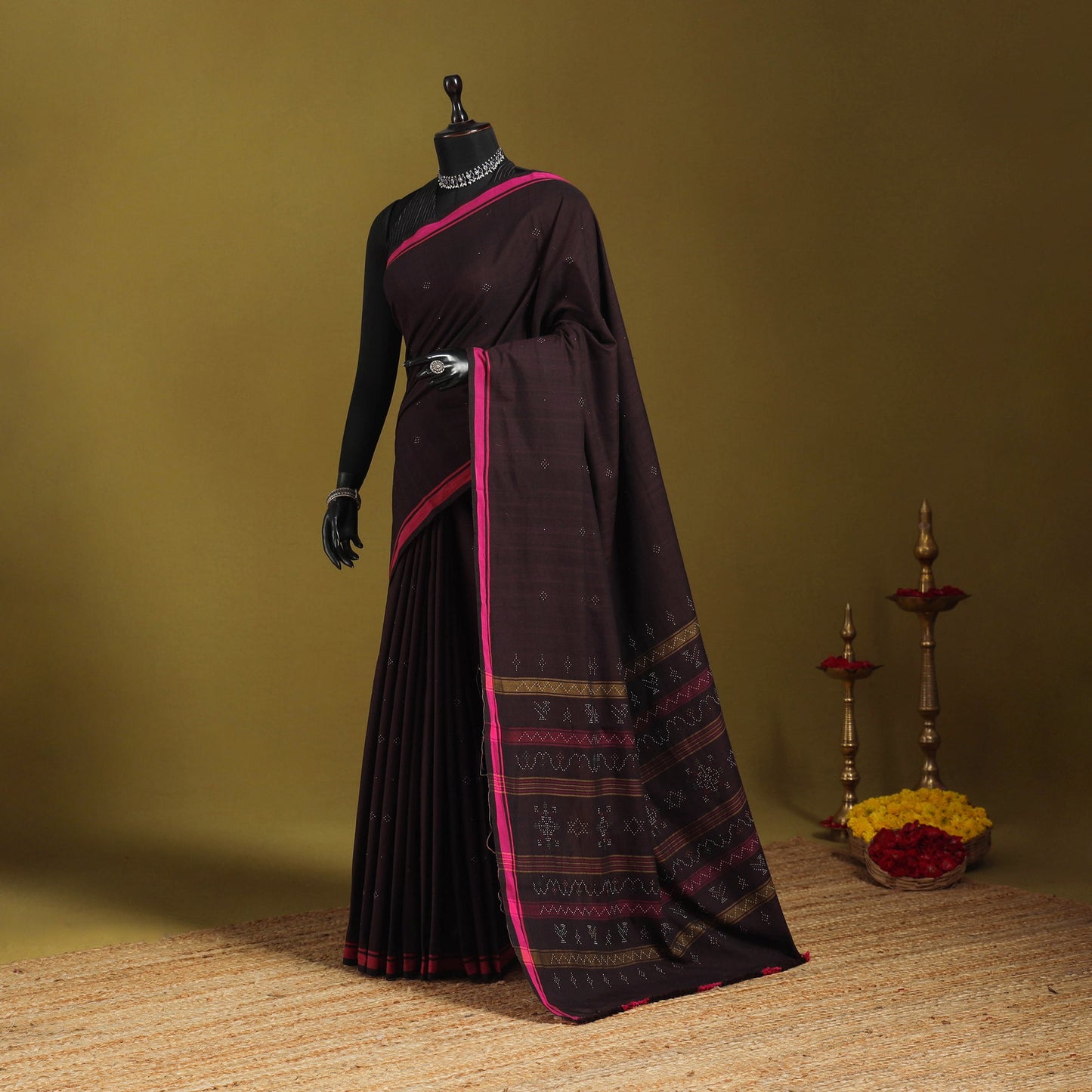 Brown - handloom cotton tangaliya saree with tassels 07