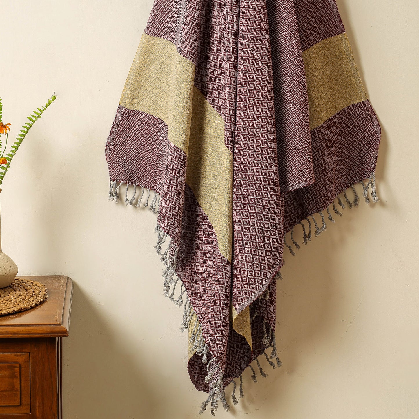 Brown - Handloom Cotton Towel with Tassels from Bijnor by Nizam