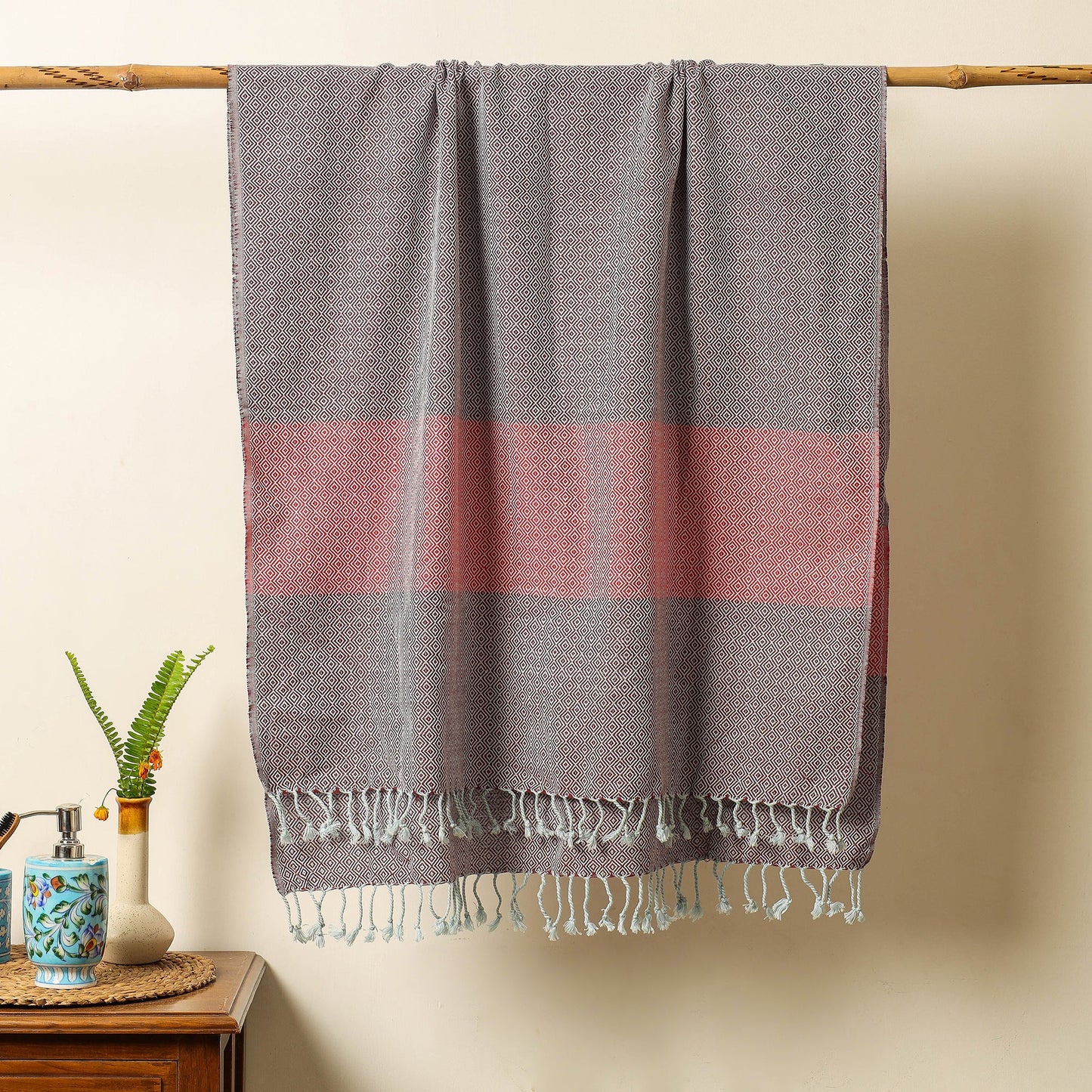 Brown - Handloom Cotton Towel with Tassels from Bijnor by Nizam