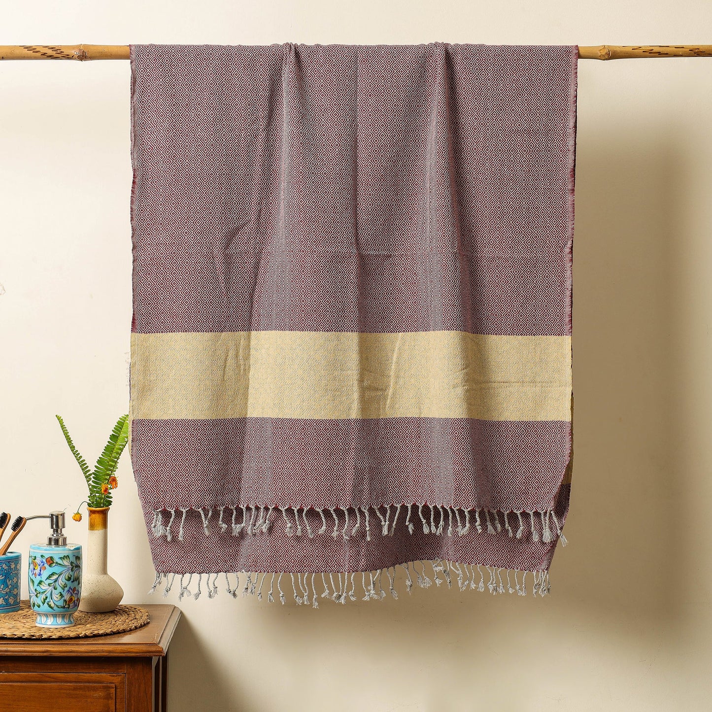 Brown - Handloom Cotton Towel with Tassels from Bijnor by Nizam