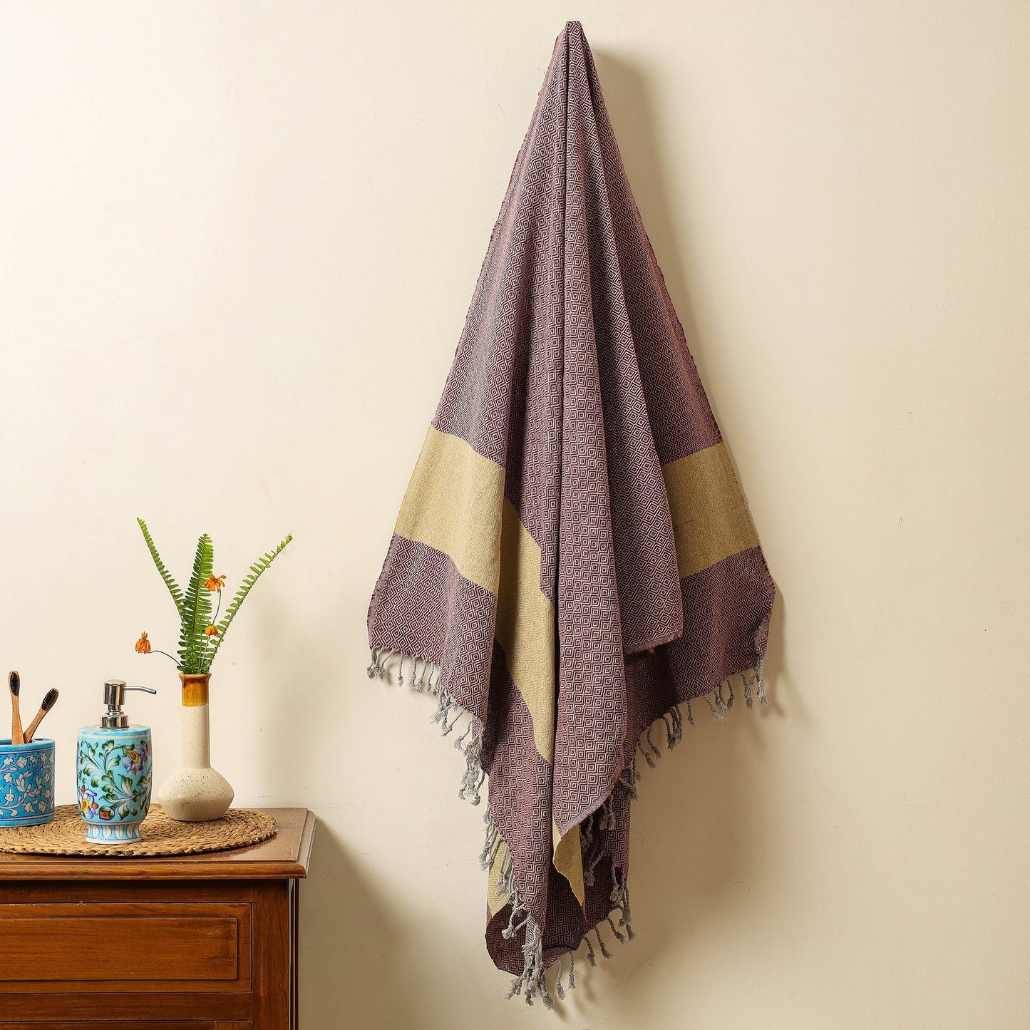 Brown - Handloom Cotton Towel with Tassels from Bijnor by Nizam