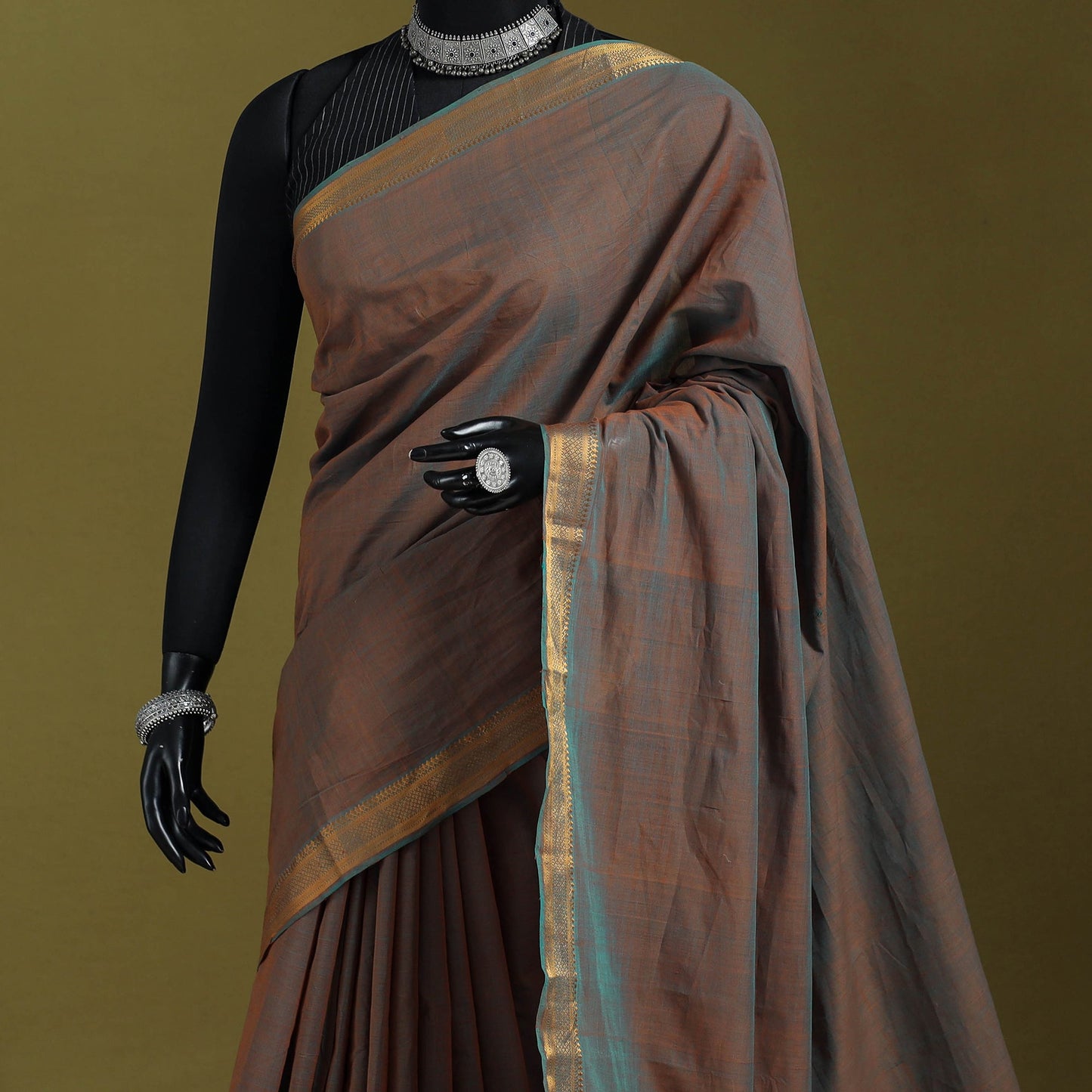 Brown - handloom cotton zari border mangalagiri saree 01