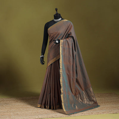 Brown - handloom cotton zari border mangalagiri saree 01