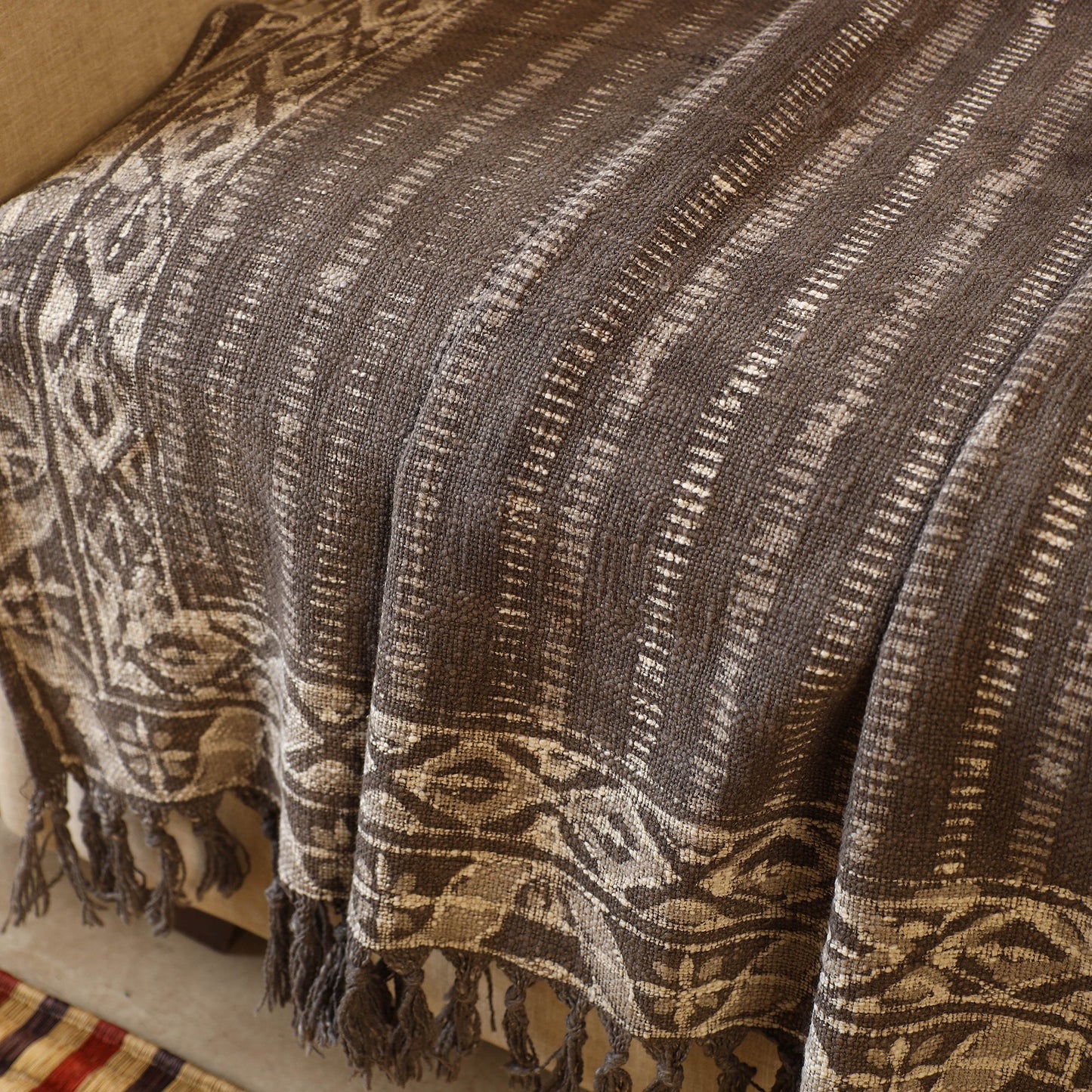 Brown Handloom Jaipur Block Print Cotton Sofa Throw