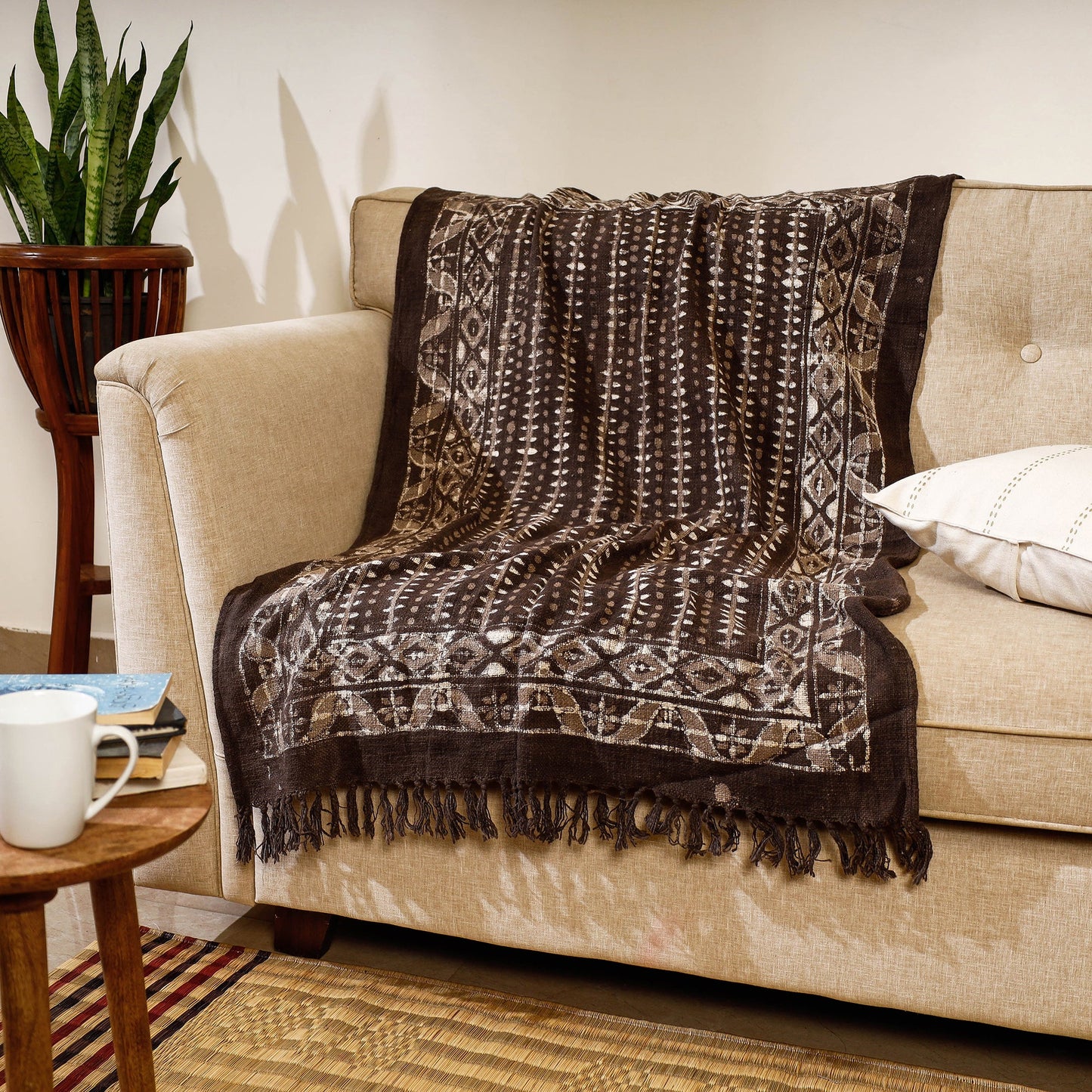 Brown Handloom Jaipur Block Printed Cotton Sofa Throw 