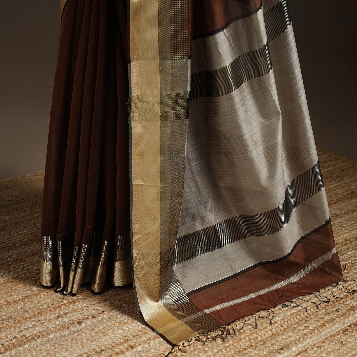 Brown - handloom maheshwari saree with resham zari border
