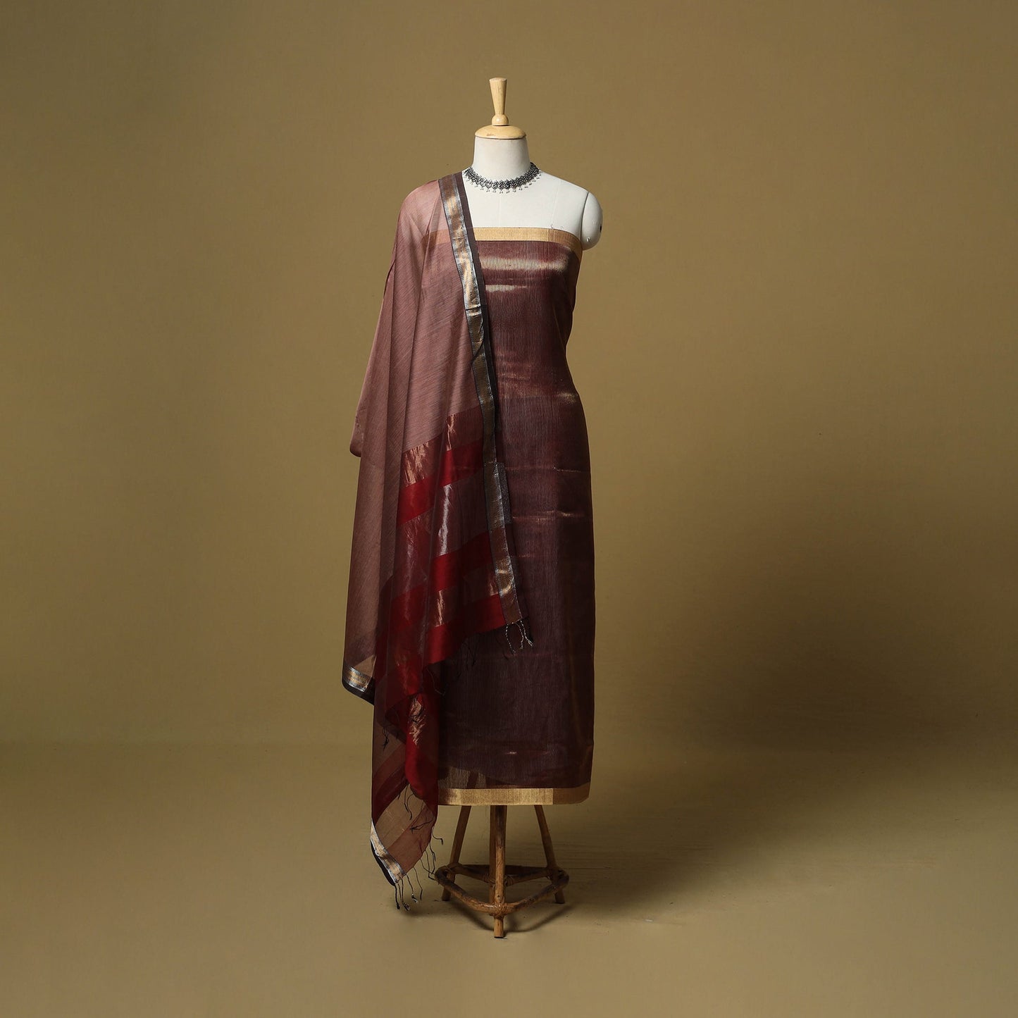 Handloom maheshwari silk tissue zari stripes 2pc unstitched