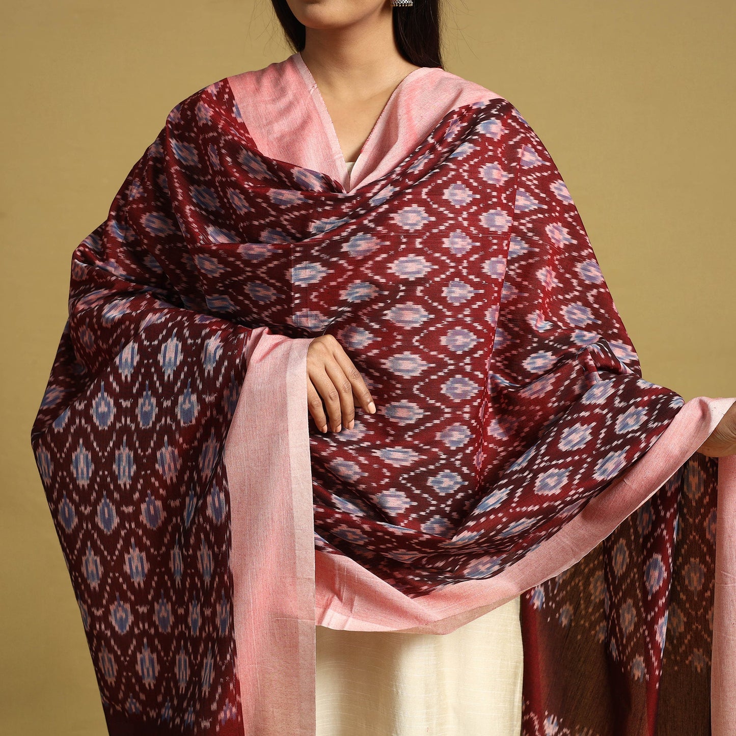 Brown - handloom mercerized cotton pochampally ikat dupatta