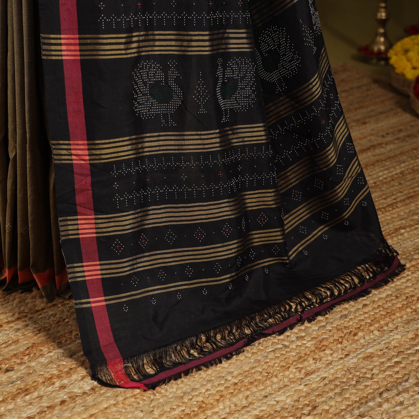 Brown - handloom mulberry silk cotton tangaliya saree 09