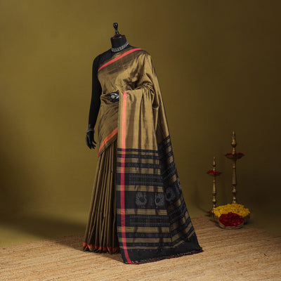Brown - handloom mulberry silk cotton tangaliya saree 09